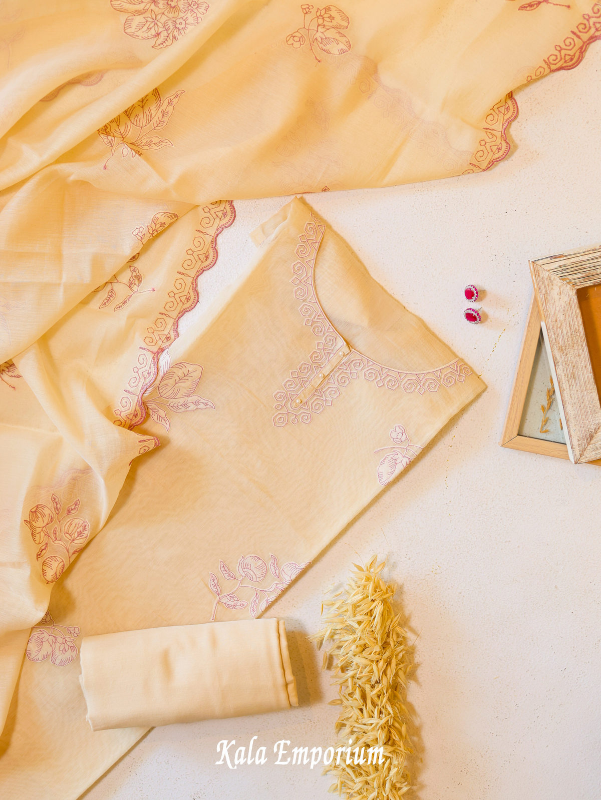Applique Work Mulmul Kurta Set With Pants And Dupatta- Beige