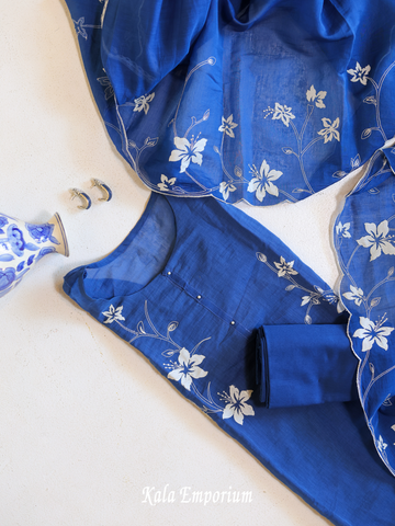 Applique Work Mulmul Kurta Set With Pants And Dupatta- Ink Blue