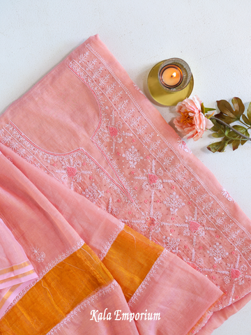 Maheshwari Cotton Chikankari Solid Women's Kurta With Smooth Cotton Dupatta - Peach