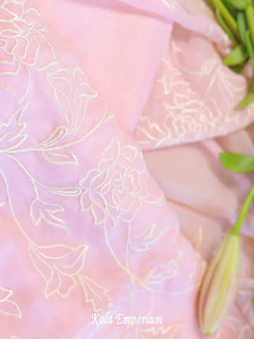 Pure Organza Suit & Dupatta With Intricate Thread Work, and Upadda Silk Bottom