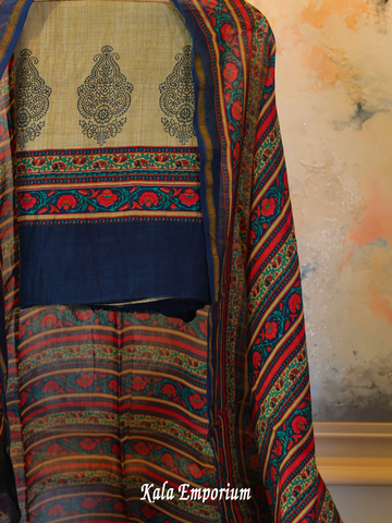 Printed Maheshwari Chanderi suit with matching Chanderi dupatta and pure cotton bottoms.