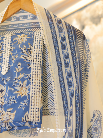 Pure Cotton Suit With Print & Lacework, and Hand- Blocked Cotton Dupatta
