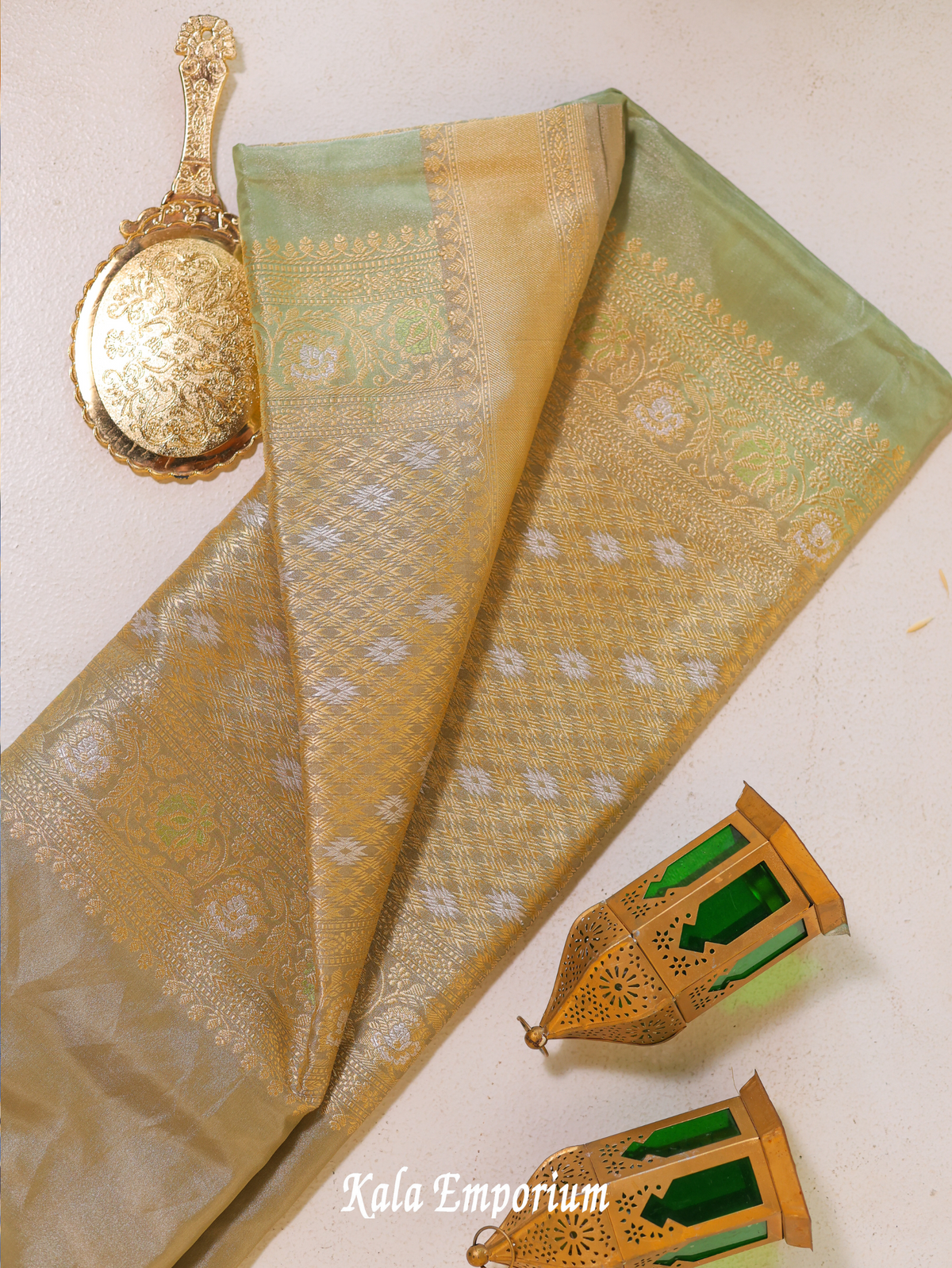 Pista/Gold Silk Saree with Banarsi Hand Weaving