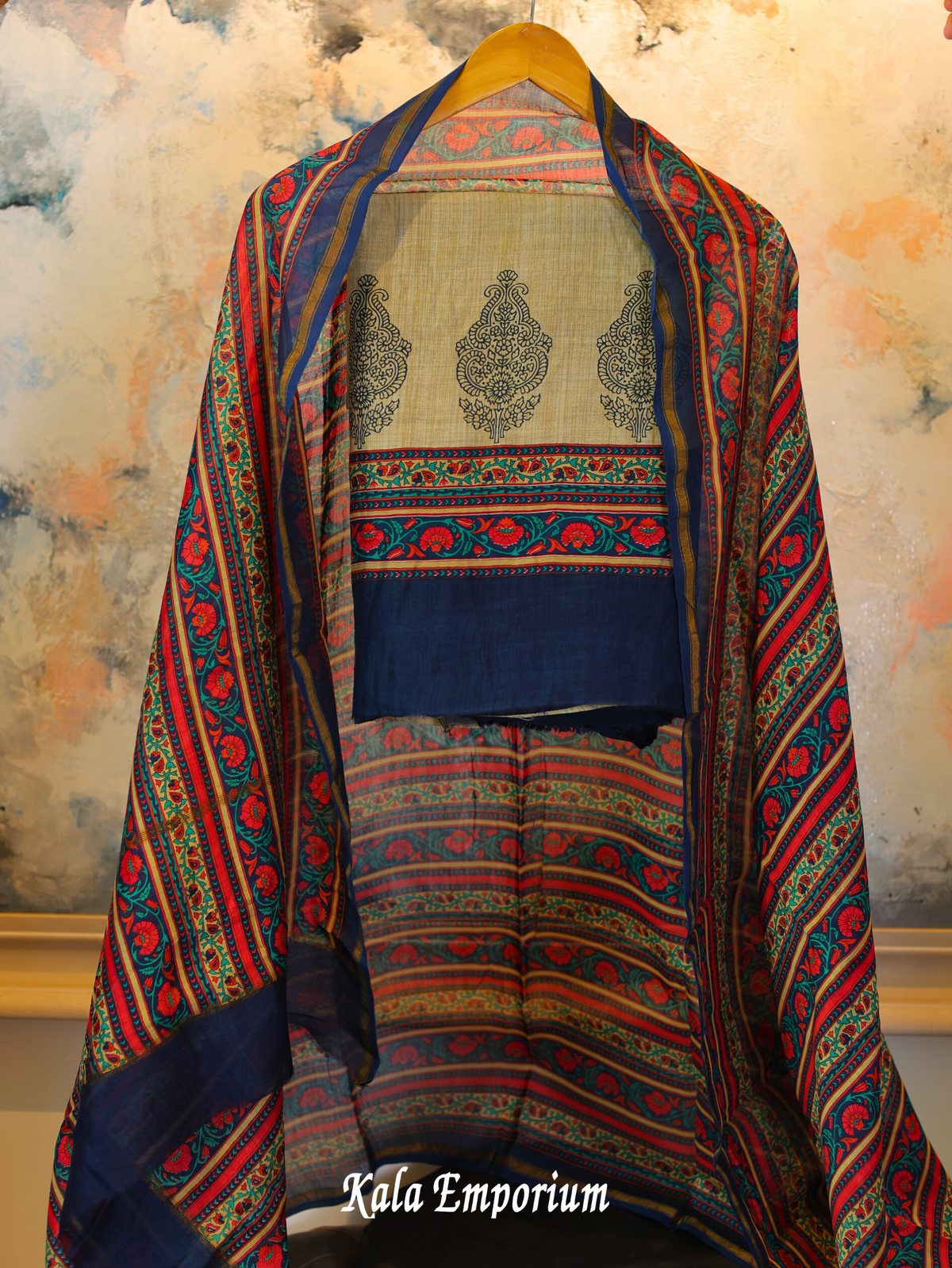 Printed Maheshwari Chanderi suit with matching Chanderi dupatta and pure cotton bottoms.