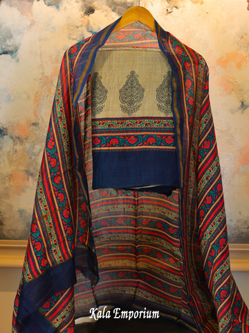 Printed Maheshwari Chanderi suit with matching Chanderi dupatta and pure cotton bottoms.