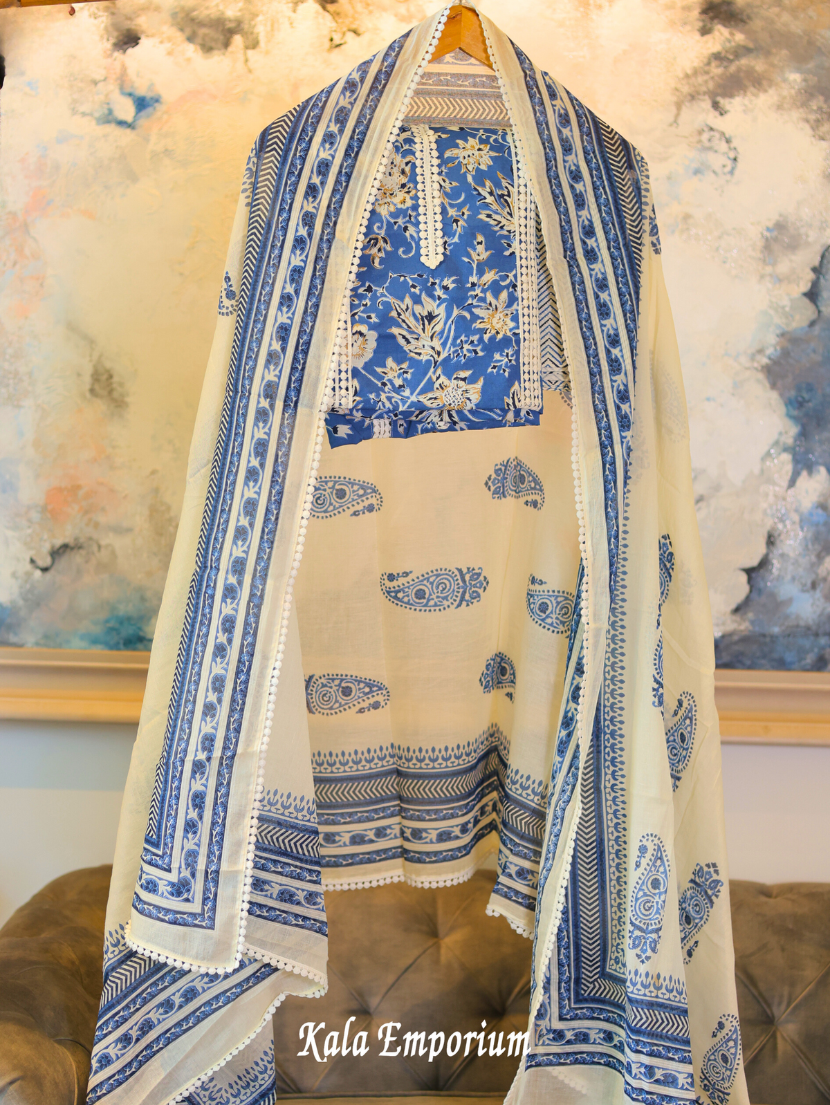 Pure Cotton Suit With Print & Lacework, and Hand- Blocked Cotton Dupatta