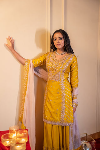 Mustard Palazzo Suit With Sequins And Gotta Patti Work And Net Dupatta
