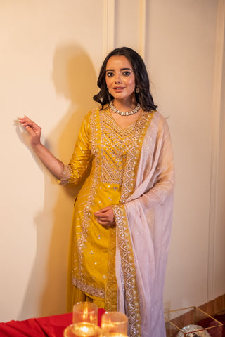 Mustard Palazzo Suit With Sequins And Gotta Patti Work And Net Dupatta