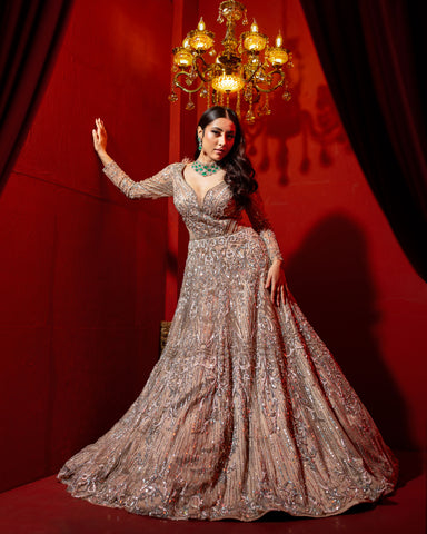 Peach Net Elegance Gown with Cut Dana and Sequins Embellishments