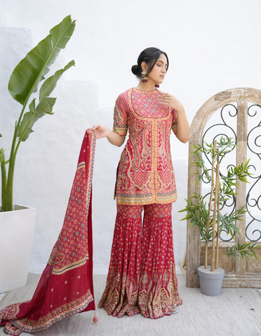 Rose Red Sharara Suit In Slik With Sequin Embellished Allover
