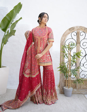 Rose Red Sharara Suit In Slik With Sequin Embellished Allover