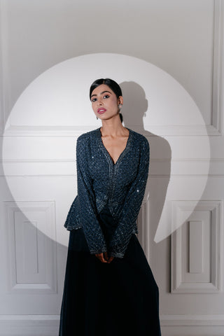 Navy Blue Jacket Suit In Organza Embellished With Hand Work In Cut Dana
