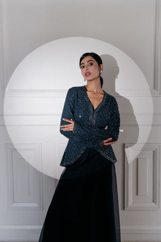 Navy Blue Jacket Suit In Organza Embellished With Hand Work In Cut Dana