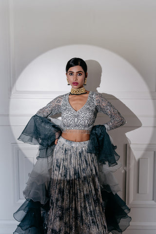 Lava Grey And White Coloured Lehenga In Sequins And Cut Dana Work With Ruffle Dupatta