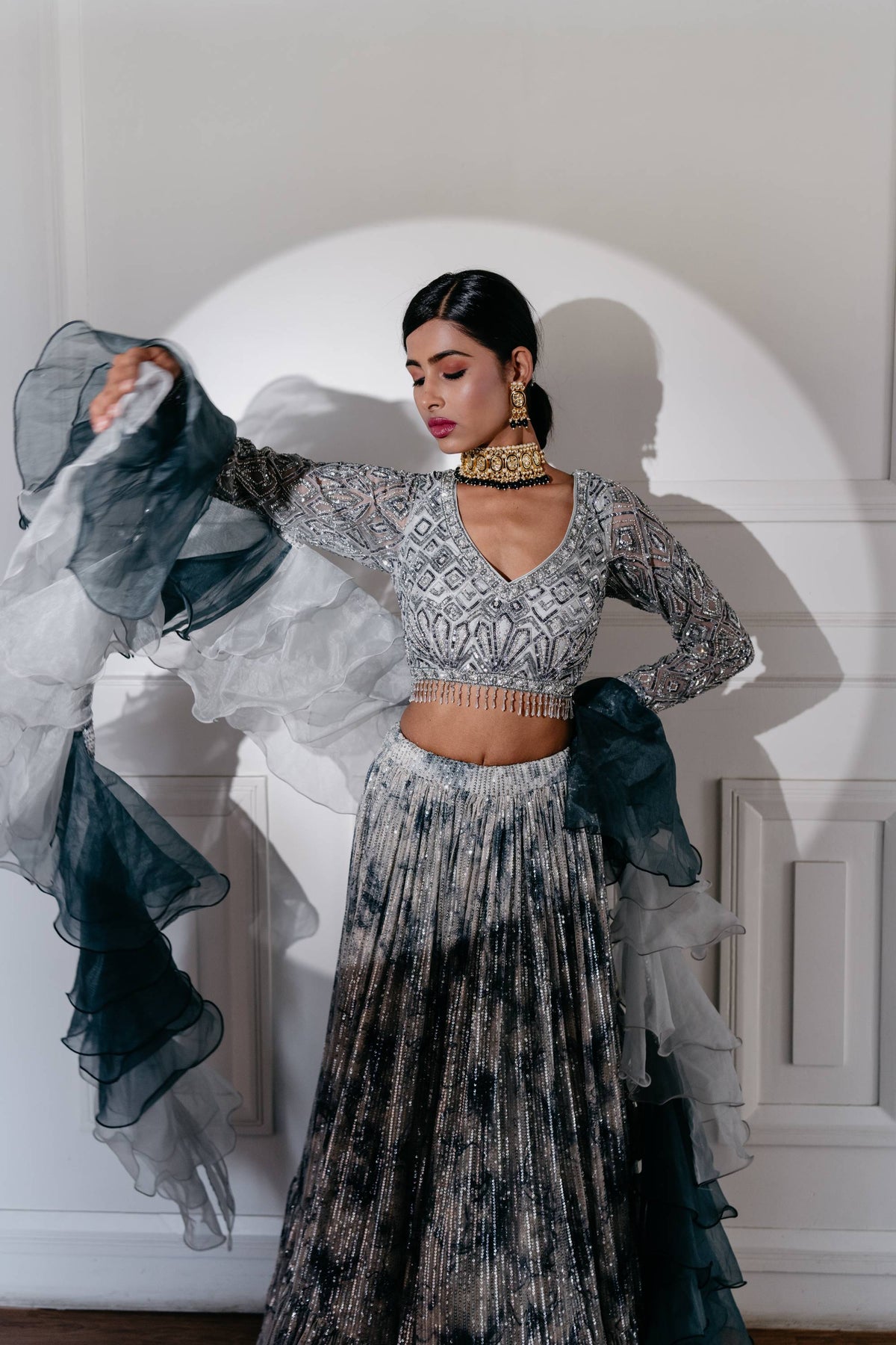 Lava Grey And White Coloured Lehenga In Sequins And Cut Dana Work With Ruffle Dupatta