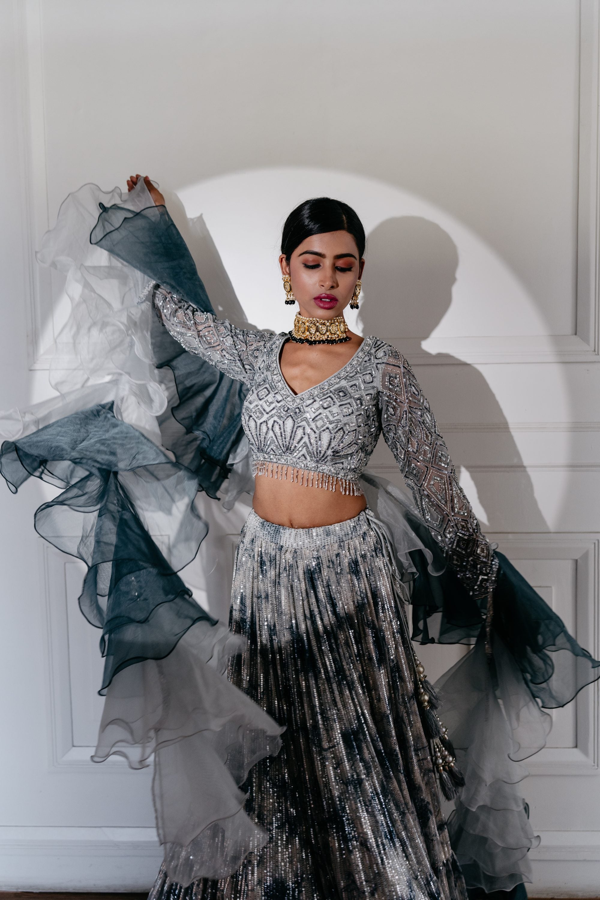 Silver Organza Silk Faux Feathers Cocktail Lehenga SFIN9492 –  ShreeFashionWear